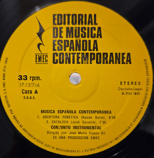 Image of Label Cover of LP - VG/VG - JOS  MAR A FRANCO GIL - RAM N BARCE / JORDI CERVELL  / FRANCISCO CANO / TOM S MARCO, M sica Espa ola Contempor nea (Movieplay; 17.1307/6, Spain 1978 Reissue), A handful of light hairlines,  - 2726038E