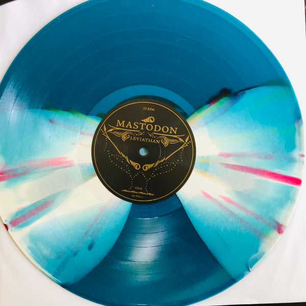 Image of Label Cover of LP - VG+/VG+ - MASTODON, Leviathan (Relapse Records  ; RR44731, USA & Europe 2021 Reissue, Gatefold, Insert, Sea Blue With White Butterfly Wings, Metallic Gold And Blood Red Splatter Vinyl), NB hype sticker states 2LP but is a single LP,  - 2746009S