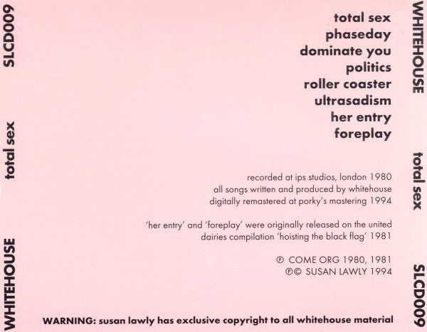 Image of Back Cover of CD - VG+/VG - WHITEHOUSE, Total Sex (Susan Lawly; SLCD009, UK 1994, Jewel Case), Slight marks on disc, plays fine ,  - 2636125E