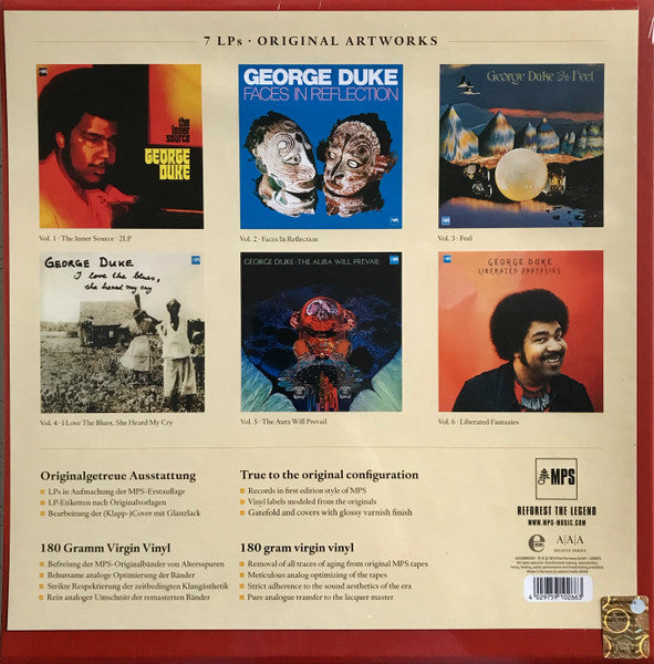 Image of Back Cover of 7xLP - M/M - GEORGE DUKE, The Era Will Prevail (The MPS Studio Years 1973-1976) (MPS Records; 0210266MNSW, Germany 2015, Box Set, Booklet, 180 Gram Vinyl), Sealed in shrink.,   True to the original configuration  Records in original edition style of MPS  180 gram virgin vinyl  Analog lacquer cutting  Faithfulness to the original recordingAll albums on 180g vinyl remastered and cut from the original master tapes.Comes with a 12-pages booklet with recording and mastering process 