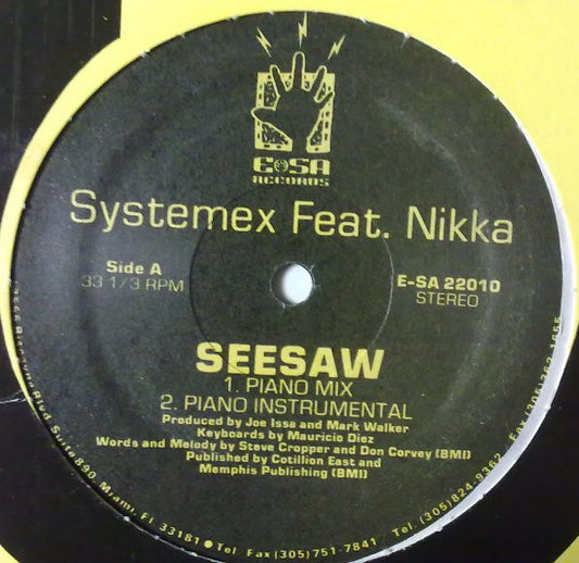 Image of Front Cover of 12" - VG+/VG+ - SYSTEMEX FEAT. NIKKA, Seesaw (E-SA Records ; E-SA 22010, US 1992, Company Sleeve), original company sleeve - still in shrink - opened. light discolouration to labels - pen on labels - minor,  - 2746063S