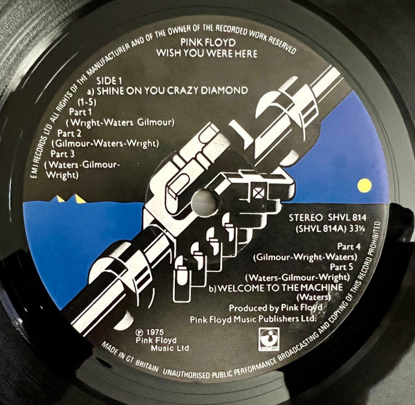 Image of Label Cover of LP - VG/G - PINK FLOYD, Wish You Were Here (Harvest; SHVL 814, UK 1975, Pinched Spine, Inner With Curved Corners, No Postcard, First Issue A-1/B-3 matrix, Shine On Part V Waters/Gilmour/Wright), Couple of scratches, many hairlines & lighter scratches, edge & ring wear, grubby marks,  - 2746017S