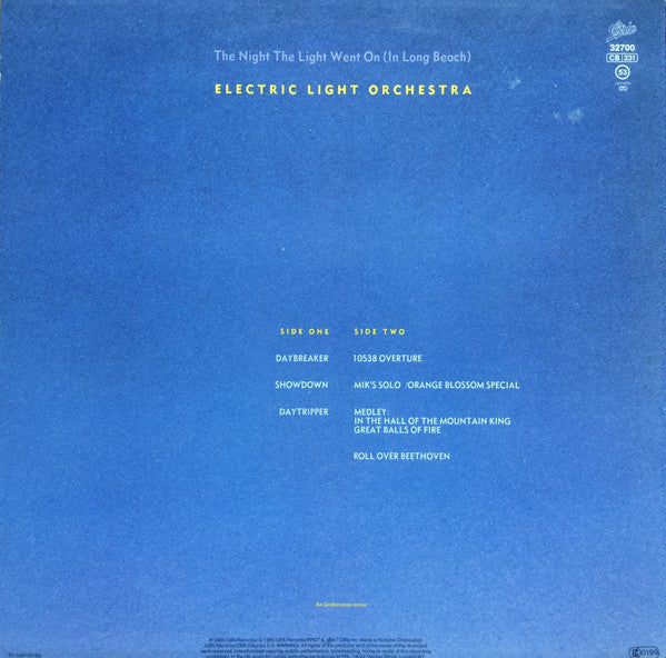 Image of Back Cover of LP - VG/VG - ELECTRIC LIGHT ORCHESTRA, The Night The Light Went On (In Long Beach) (Epic; EPC 32700, Europe 1985 Reissue), Strong VG,  - 2716077C