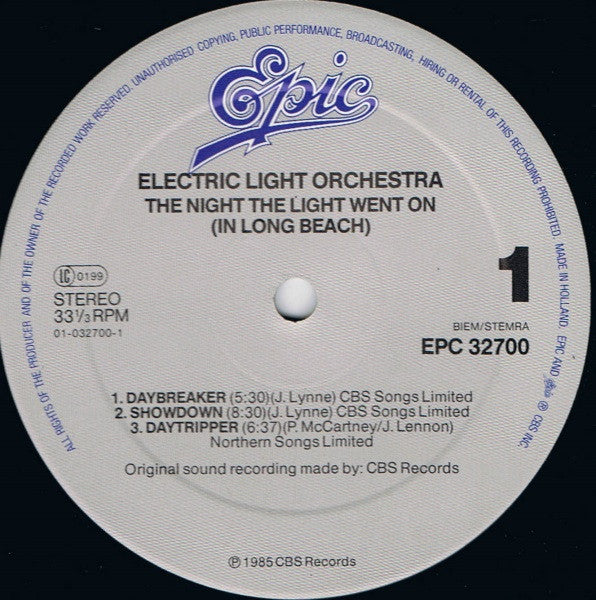 Image of Label Cover of LP - VG/VG - ELECTRIC LIGHT ORCHESTRA, The Night The Light Went On (In Long Beach) (Epic; EPC 32700, Europe 1985 Reissue), Strong VG,  - 2716077C