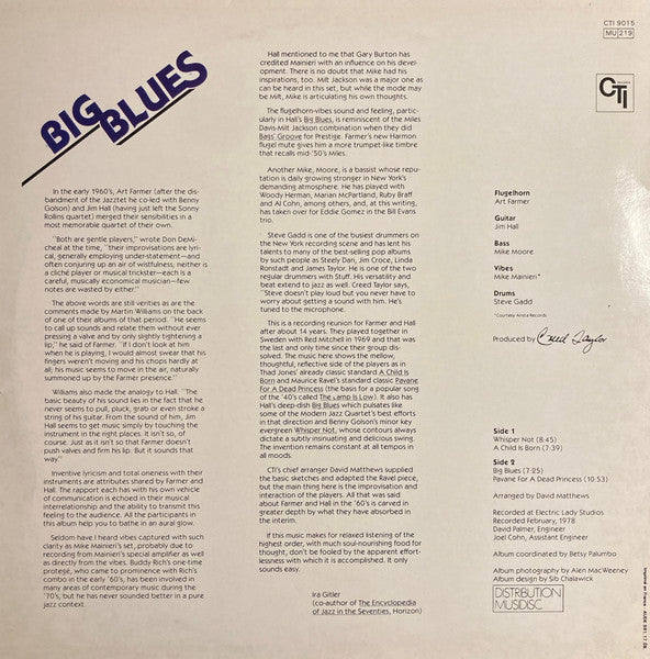 Image of Back Cover of LP - G+/VG - ART FARMER AND JIM HALL, Big Blues (CTI Records; CTI 9015, France 1983 Reissue, Picture Sleeve), Light marks only, sleeve is a bit grubby with corner bumps and writing on the rear.,  - 2726030E