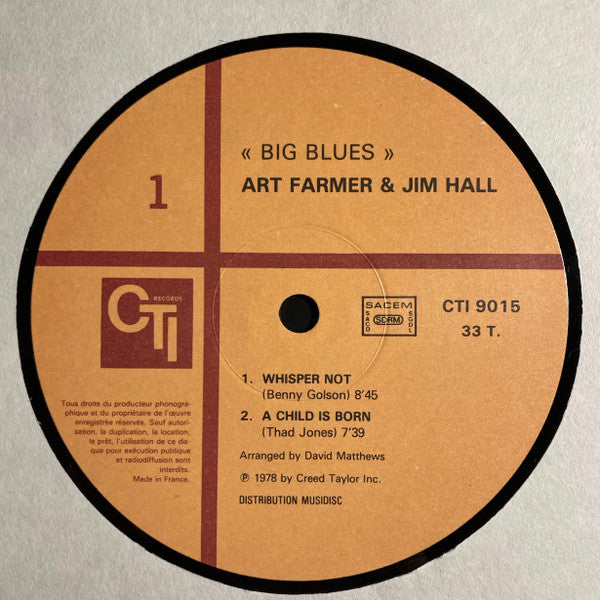 Image of Label Cover of LP - G+/VG - ART FARMER AND JIM HALL, Big Blues (CTI Records; CTI 9015, France 1983 Reissue, Picture Sleeve), Light marks only, sleeve is a bit grubby with corner bumps and writing on the rear.,  - 2726030E