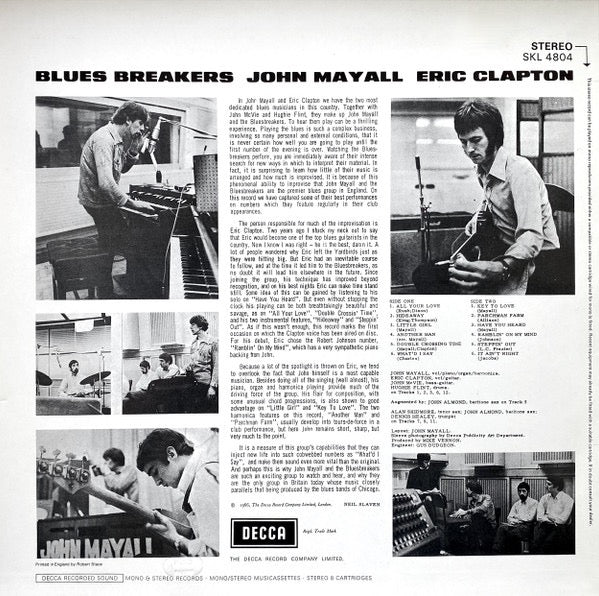 Image of Back Cover of LP - VG/VG - JOHN MAYALL WITH ERIC CLAPTON, Blues Breakers (Decca; SKL 4804, Netherlands 1988 Reissue, Embossed PRS BAARN on rear sleeve), ,  - 2716146C