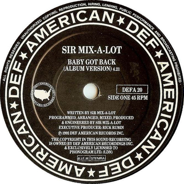 Image of Label Cover of 7" - VG/VG - SIR MIX-A-LOT, Baby Got Back (Def American Recordings; DEFA 20, UK 1992), Light marks. Plays well. Wear to sleeve with large sticker on front,  - 2726085E