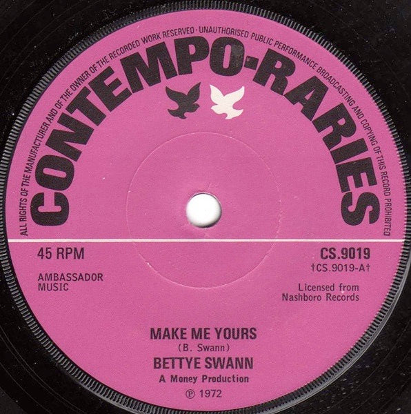 Image of Back Cover of 7" - VG/G+ - BETTYE SWANN, Make Me Yours / I Will Not Cry (Contempo-Raries; CS.9019, UK 1974 Reissue, Company Sleeve), Marks on disc.,  - 2726089E