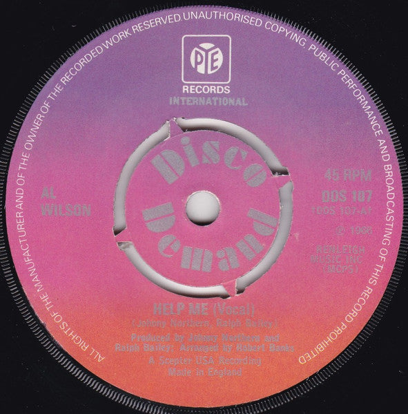 Image of Back Cover of 7" - VG/VG - AL WILSON, Help Me (Pye International; DDS 107, UK 1974 Reissue, Company Sleeve), Light wear to sleeve.,  - 2726091E