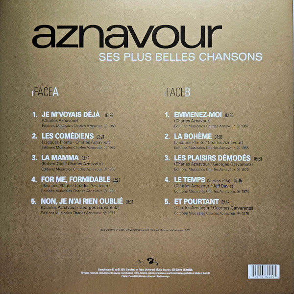 Image of Back Cover of LP - VG+/EX - CHARLES AZNAVOUR, Ses Plus Belles Chansons (Universal Music France; 538 220-0, Europe 2018), ,  - 2726056E