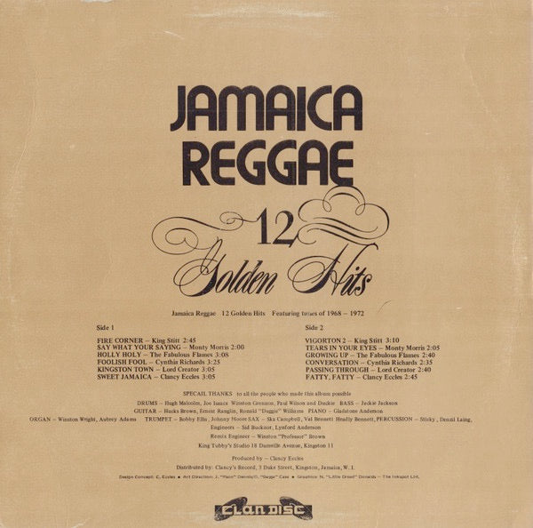 Image of Back Cover of LP - G+/VG - VARIOUS ARTISTS, Jamaica Reggae - 12 Golden Hits Vol.1 (Clan Disc; , Jamaica 1979), Light marks, press flaws, plays fine. Top and bottom right corners are cut out, ringwear, general wear.,  - 2716120C