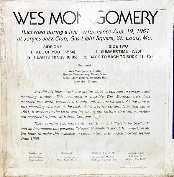 Image of Back Cover of LP - G+/VG - WES MONTGOMERY, Live At Jorgies (VGM Records; VGM0001, US 1980, Picture Sleeve), Light marks only, shelf & ring wear to sleeve, sellotaped on one side.,  - 2726032E