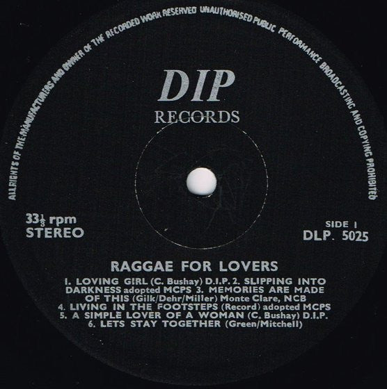Image of Front Cover of LP - /G - CLEMENT BUSHAY & CARL BERT, Raggae For Lovers (Dip; DLP. 5025, Ireland 1974, Plain Sleeve), Sleeve is missing, vinyl has many surface marks, plays G+., A1	Lets Get It OnA2	Shoo Bee DoA3	Oh GirlA4	Tears Falling In My SleepA5	Something Gotten Hold Of My HeartA6	You Better Believe MeB1	Loving GirlB2	Slipping Into DarknessB3	Memories Are Made Of ThisB4	Living In The FootstepsB5	A Simple Lover Of A WomanB6	Lets Stay Together - 2746101S