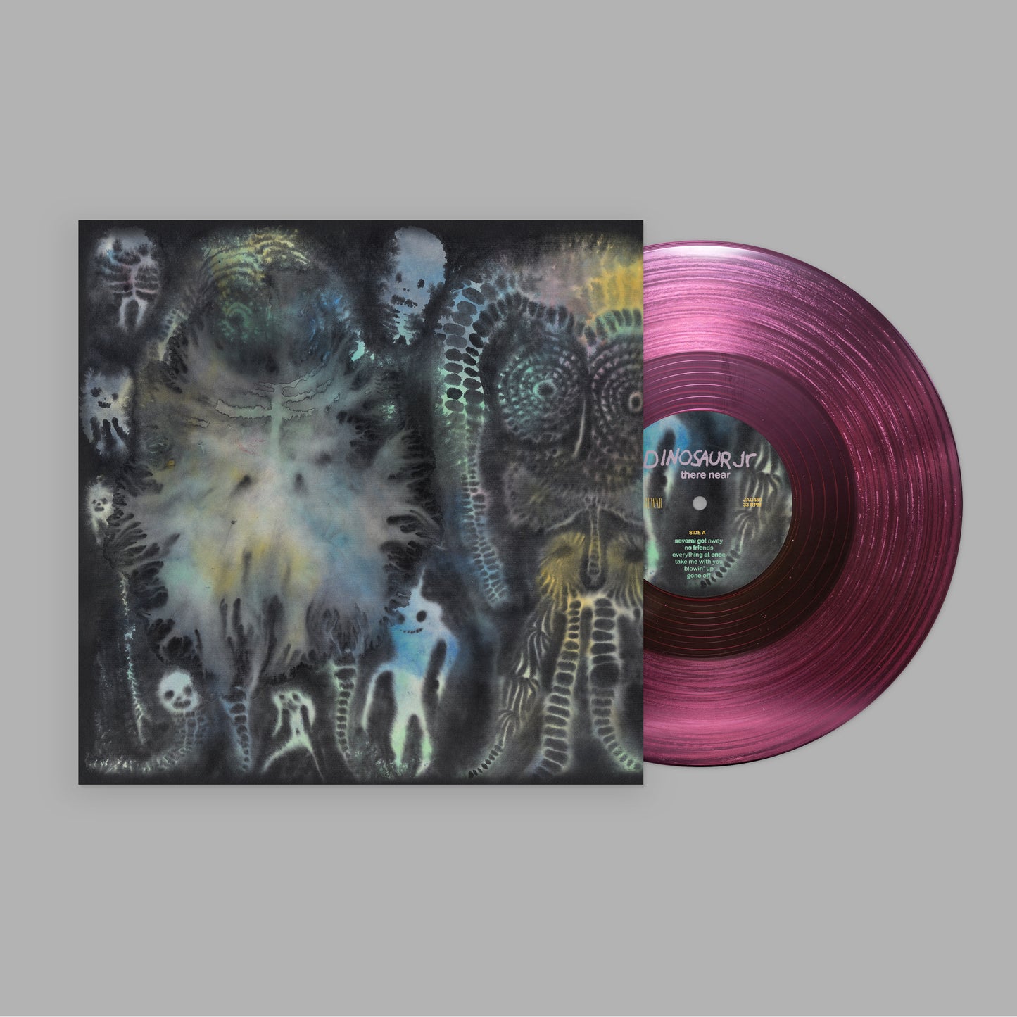 Image of Back Cover of LP - NEW/NEW - DINOSAUR JR., There Near (Jagjaguwar; JAG480LP-C1, UK 2026, Pink Clear Vinyl), , The sixth studio album Dinosaur Jr. have recorded in the 20 years since their triumphal rebirth. Created in short, intense bursts over the course of a year at Amherst's Bisquiteen Studio, There Near was recorded almost entirely by Dino's core trio -- king of the thunder tubs, Murph, human tornado Lou Barlow on bass/vocals and the inimitable J Mascis on guitar/vocals -- with a bit of piano a