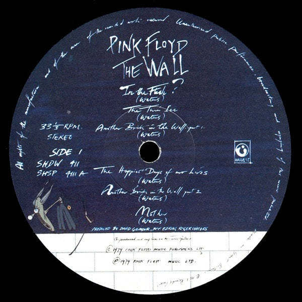 Image of Label Cover of 2xLP - VG+/VG - PINK FLOYD, The Wall (Harvest; SHDW411, UK 1979, Gatefold Non-Stickered Sleeve, Rounded Inners, First Sleeve - Inside gatefold printing says - Produced By  - NO '(In Alphabetical Order)'), Strong VG, Inners Split,  - 2826054E