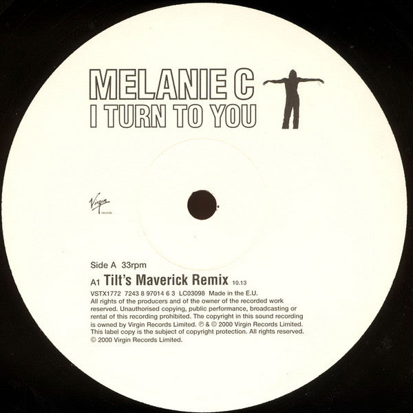 Image of Label Cover of 12" - VG+/VG+ - MELANIE C, I Turn To You (Virgin; VSTX1772, UK 2000, Title Stickered Black Die Cut Sleeve), Small promo sticker on rear., A1 I Turn To You (Tilt's Maverick Remix)	10:13B1 I Turn To You (Tilt's Maverick Dub)	10:14 - 2716174C