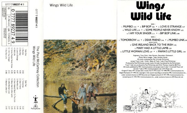 Image of Back Cover of Cassette - VG+/VG+ - WINGS, Wild Life (Parlophone; TCPMCOL 3, Europe 1993 Reissue, The Beatles), ,  - 2716215C
