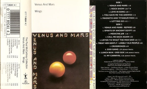 Image of Back Cover of Cassette - VG/VG+ - WINGS, Venus And Mars (Parlophone; 0777 7 89241 4 2, UK & Europe 1993 Reissue, The Beatles), Card insert has a small rip that has been repaired with tape.,  - 2716219C