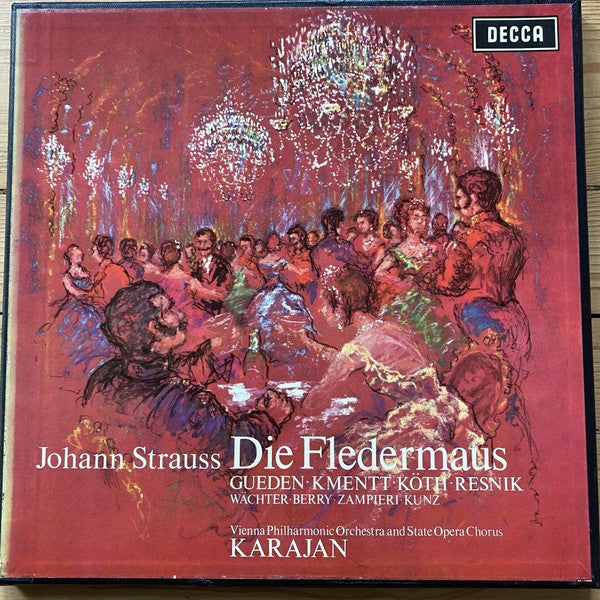 Image of Front Cover of 2xLP - VG/VG+ - HERBERT VON KARAJAN, VIENNA STATE OPERA CHORUS, Strauss: Die Fledermaus (Decca Black Unboxed Wideband - Original Recording at 11 O'Clock - Grooved ED1; SXL 6015-6, UK 1960, Box Set, Booklet), Minor Scuffs on Box and Booklet,  - 2726075E