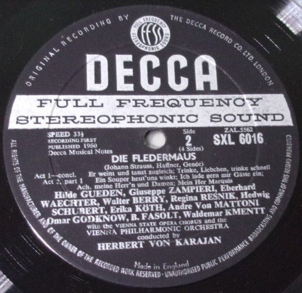 Image of Label Cover of 2xLP - VG/VG+ - HERBERT VON KARAJAN, VIENNA STATE OPERA CHORUS, Strauss: Die Fledermaus (Decca Black Unboxed Wideband - Original Recording at 11 O'Clock - Grooved ED1; SXL 6015-6, UK 1960, Box Set, Booklet), Minor Scuffs on Box and Booklet,  - 2726075E