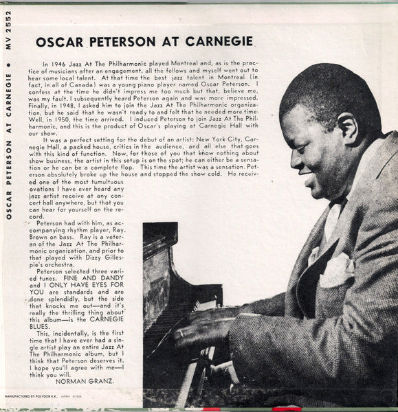 Image of Back Cover of LP - VG+/VG+ - OSCAR PETERSON, Oscar Peterson At Carnegie (Verve Records; MV 2552, Japan 1976, Insert and Obi), Cut-out (Corner cut),  - 2726076E
