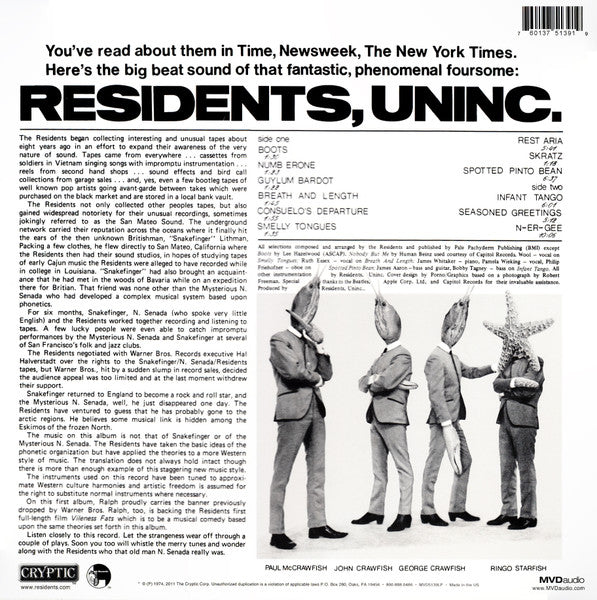 Image of Back Cover of LP - EX/VG+ - THE RESIDENTS, Meet The Residents (Ralph Records; MVD5139LP, US 2011 Reissue, Mono), Strong VG+,  - 2726148E