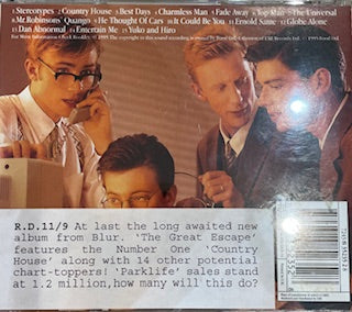 Image of Back Cover of CD - VG+/VG+ - BLUR, The Great Escape (Food; 7243 8 35235 2 8, Europe 1995, Promo, Hype Stickered Case, Promo/plugger sticker on rear case), ,  - 2716222C