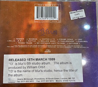 Image of Back Cover of CD - VG+/VG+ - BLUR, 13 (Food; 7243 4 99129 2 2, Europe 1999, Promo, Hype Stickered Case, Promo/plugger sticker on rear case), ,  - 2716224C