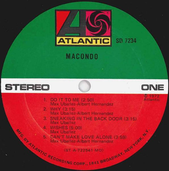 Image of Label Cover of LP - VG/VG - MACONDO, Macondo (Atlantic; SD 7234, US 1972), Marks on disc. Wear to sleeeve with ringwear & evidence of previous sticker on front. Promo sticker on sleeve. Cut out corner. Writing on sleeve.,  - 2746104S