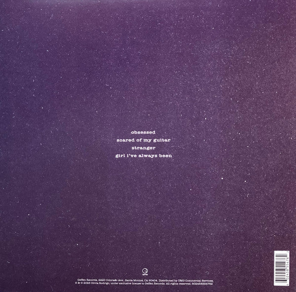 Image of Back Cover of 12" EP - EX/EX - OLIVIA RODRIGO, Guts: The Secret Tracks (Geffen Records ; 602458554762, Worldwide 2023, Picture Sleeve, Inner, Purple Vinyl, One Side Etched), Stickered Plastic Outer Sleeve,  - 2726146E