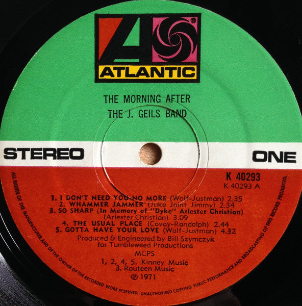 Image of Label Cover of LP - VG/VG - THE J. GEILS BAND, The Morning After (Atlantic; K40293, UK 1972), Edge and Ring Wear, Sticker Mark,  - 2746114S
