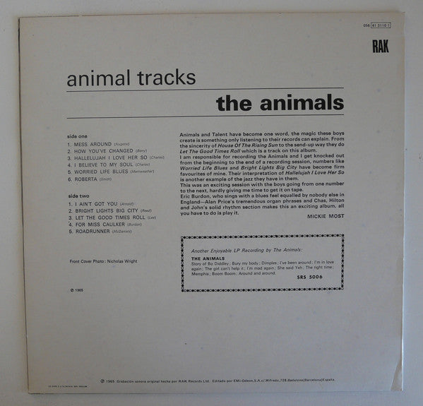 Image of Back Cover of LP - VG/VG - THE ANIMALS, Animal Tracks (RAK; 056-4131101, Spain 1985 Reissue, Stereo), Edge Wear,  - 2746134S