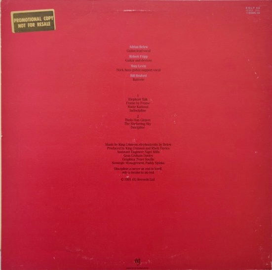 Image of Back Cover of LP - VG/VG - KING CRIMSON, Discipline (EG; EGLP 49, UK 1981), NON EMBOSSED SLEEVE!! But first pressing...! Light hairlines, small creases. ,  - 1826348E