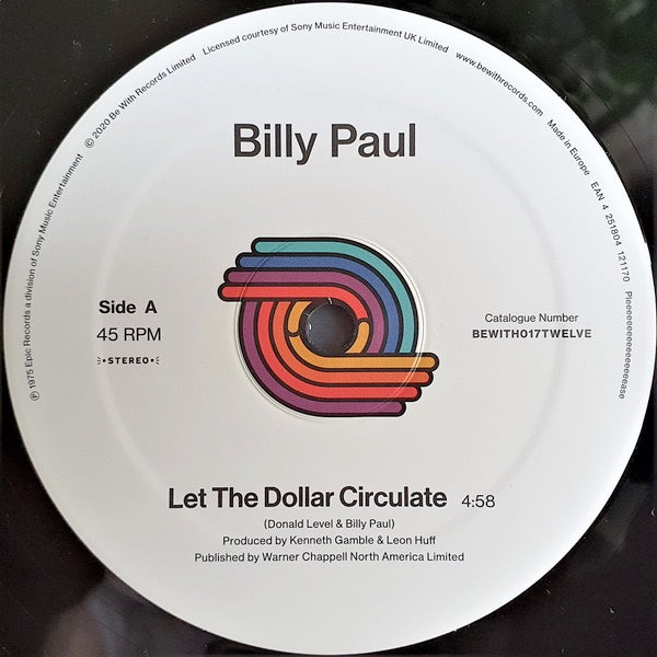Image of Front Cover of 12" - /VG+ - BILLY PAUL, Let The Dollar Circulate (Be With Records; BEWITH017TWELVE, UK 2020, Plain Sleeve), Clean copy!, A	Let The Dollar CirculateB	East - 2716266C
