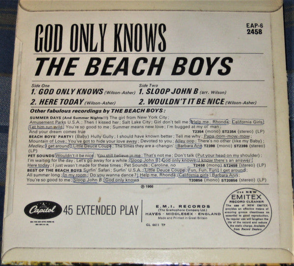 Image of Back Cover of 7" - VG/G - THE BEACH BOYS, God Only Knows (Capitol Records; EAP6-2458, UK 1966, Flipback Sleeve, Mono, 4-Prong Centre), Lots of light marks and hairlines, Plays with some surface noise, Sleeve intact, Some laminate bubbling in one corner and light creases. ,  - 2716099C