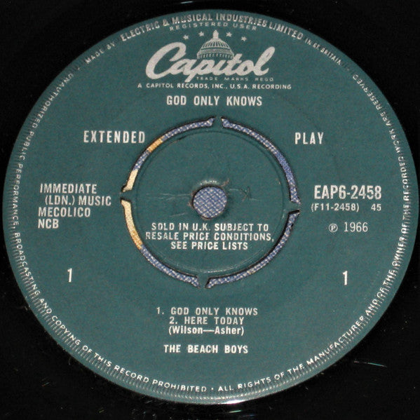 Image of Label Cover of 7" - VG/G - THE BEACH BOYS, God Only Knows (Capitol Records; EAP6-2458, UK 1966, Flipback Sleeve, Mono, 4-Prong Centre), Lots of light marks and hairlines, Plays with some surface noise, Sleeve intact, Some laminate bubbling in one corner and light creases. ,  - 2716099C