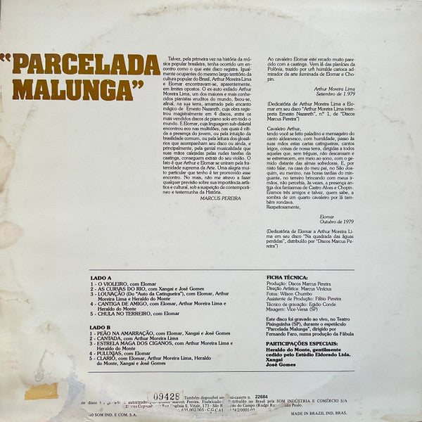 Image of Back Cover of LP - VG/VG - ELOMAR E ARTHUR MOREIRA LIMA, Parcelada Malunga (Discos Marcus Pereira; MPL-12684, Brazil 1980), Record has very slight warp and some pressing flaws,  - 2716241C