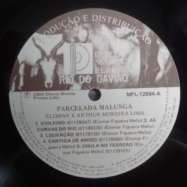 Image of Label Cover of LP - VG/VG - ELOMAR E ARTHUR MOREIRA LIMA, Parcelada Malunga (Discos Marcus Pereira; MPL-12684, Brazil 1980), Record has very slight warp and some pressing flaws,  - 2716241C