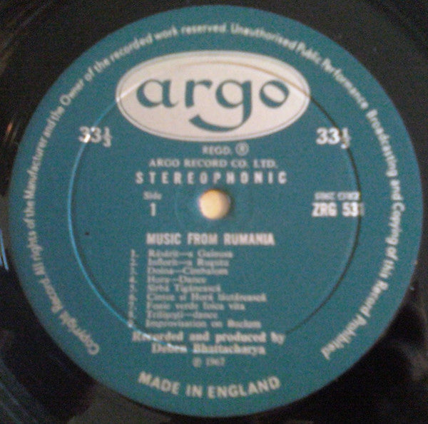 Image of Label Cover of LP - G+/VG - DEBEN BHATTACHARYA, Music From Rumania (Argo; ZRG 531, UK 1967, Laminated Gatefold Sleeve), Sleeve creased, worn, with laminate lift in places. Reverse stained and scuffed, some mottling too,  - 2716244C