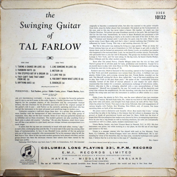 Image of Back Cover of LP - G/G+ - TAL FARLOW, The Swinging Guitar Of Tal Farlow (Columbia; 33CX 10132, UK 1958, Mono), Tear On Front Sleeve,  - 2746155S