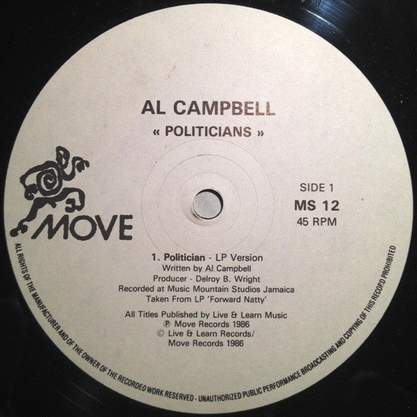 Image of Front Cover of 12" - /VG+ - AL CAMPBELL, Politicians (Move; MS 12, UK 1986), ,  - 2746160S