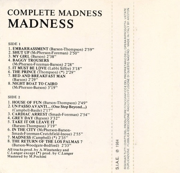 Image of Back Cover of Cassette - VG+/VG+ - MADNESS, Complete Madness (Stiff Records; STK/71004, Italy 1984 Reissue), Insert has white spine.,  - 2716252C
