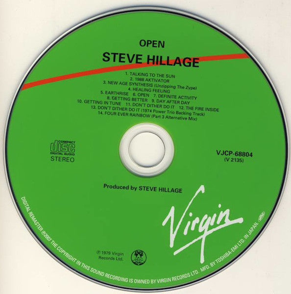 Image of Label Cover of CD - VG+/VG+ - STEVE HILLAGE, Open (Virgin; VJCP-68804, Japan 2007, Card Sleeve, Inner), ,  - 2736038E