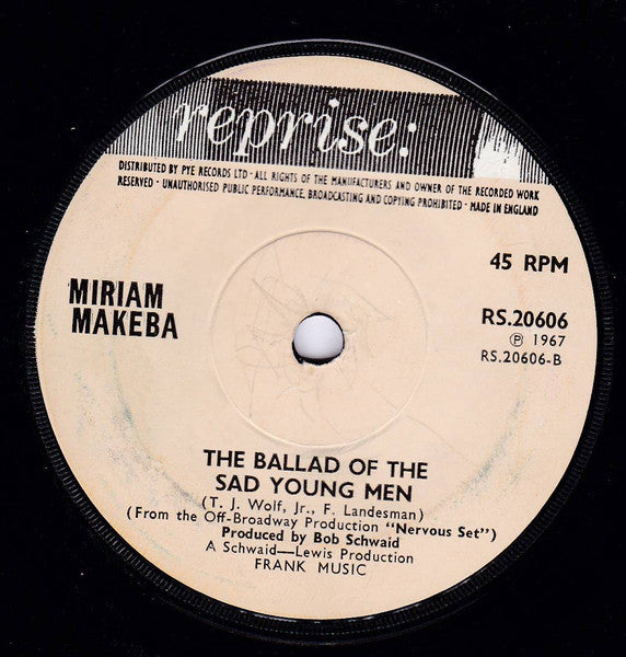 Image of Back Cover of 7" - /VG - MIRIAM MAKEBA, Pata Pata / The Ballad Of The Sad Young Men (Reprise Records; RS.20606, UK 1967), Some marks on disc.,  - 2726118E