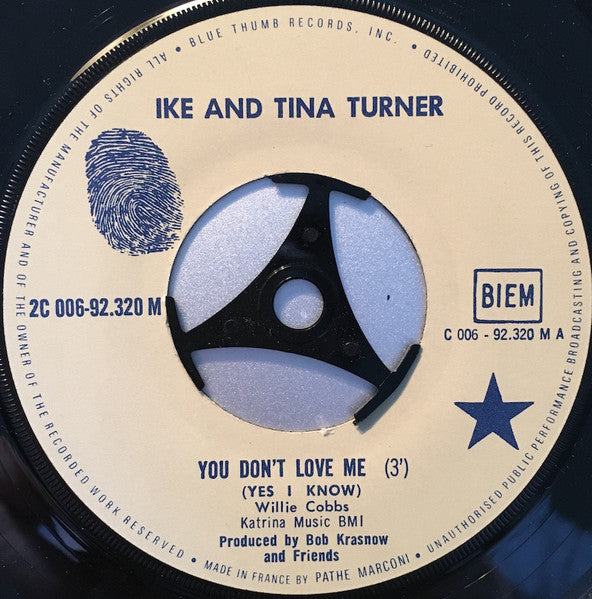 Image of Label Cover of 7" - VG/G+ - IKE & TINA TURNER, You Don't Love Me (Yes I Know) / I Know (Blue Thumb Records; 2C 006-92320 M, France 1971, Flipback Sleeve), Marks on disc but don't affect play. Light wear to edge of sleeve with light ringwear. Writing on back of sleeve,  - 2726232E