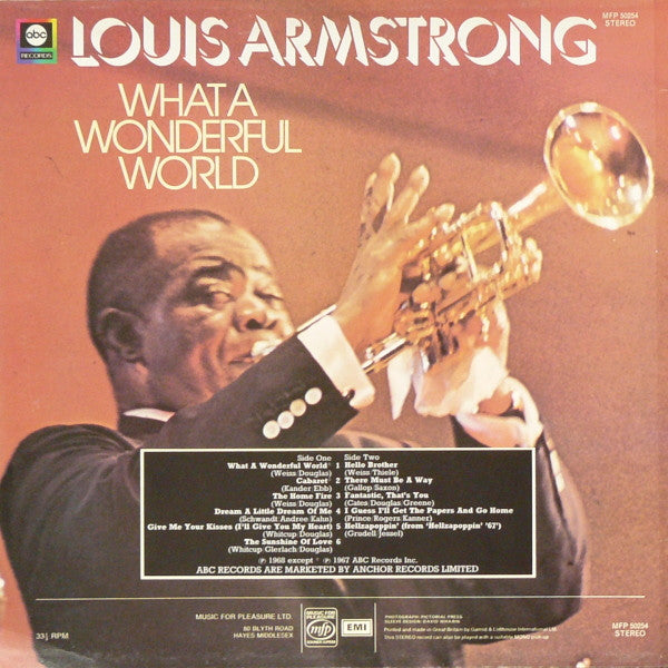 Image of Back Cover of LP - VG/G - LOUIS ARMSTRONG, What A Wonderful World (Music For Pleasure; MFP 50254, UK 1974 Reissue), Record marked on both sides. Sleeve has a patch of sticker damage at back, some pen on front, wear and crease lines,  - 2716288C