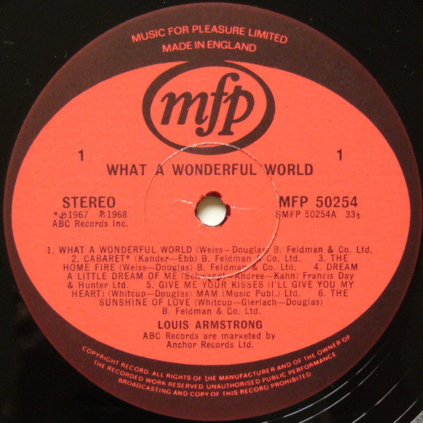 Image of Label Cover of LP - VG/G - LOUIS ARMSTRONG, What A Wonderful World (Music For Pleasure; MFP 50254, UK 1974 Reissue), Record marked on both sides. Sleeve has a patch of sticker damage at back, some pen on front, wear and crease lines,  - 2716288C