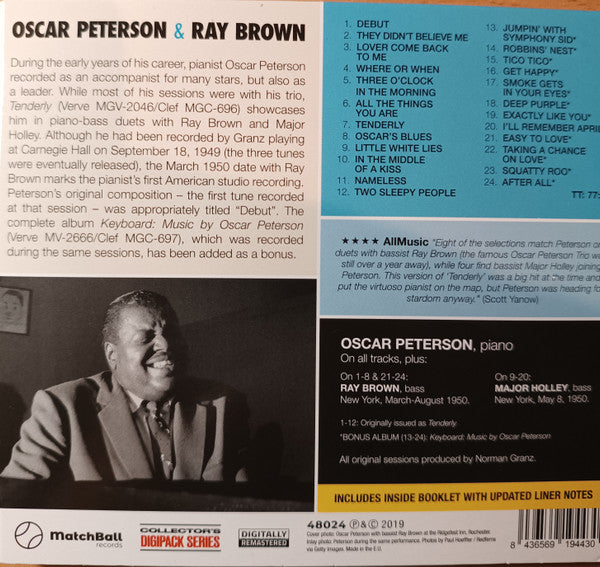 Image of Back Cover of CD - VG+/VG+ - OSCAR PETERSON & RAY BROWN, Tenderly (MatchBall records; 48024, Europe 2019, Digipak, Booklet), ,  - 2736131E