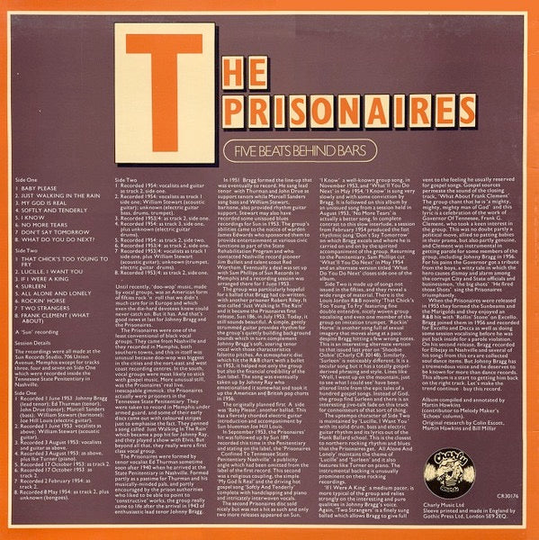 Image of Back Cover of LP - VG+/VG+ - THE PRISONAIRES, Five Beats Behind Bars (Charly Records; CR30176, UK 1979), ,  - 2716315C